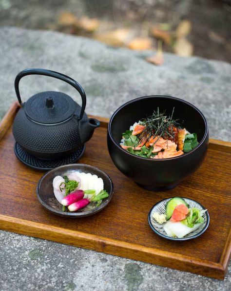 Salmon and rice with green tea and pickled vegetables (salmon ochazuke with asazuke)